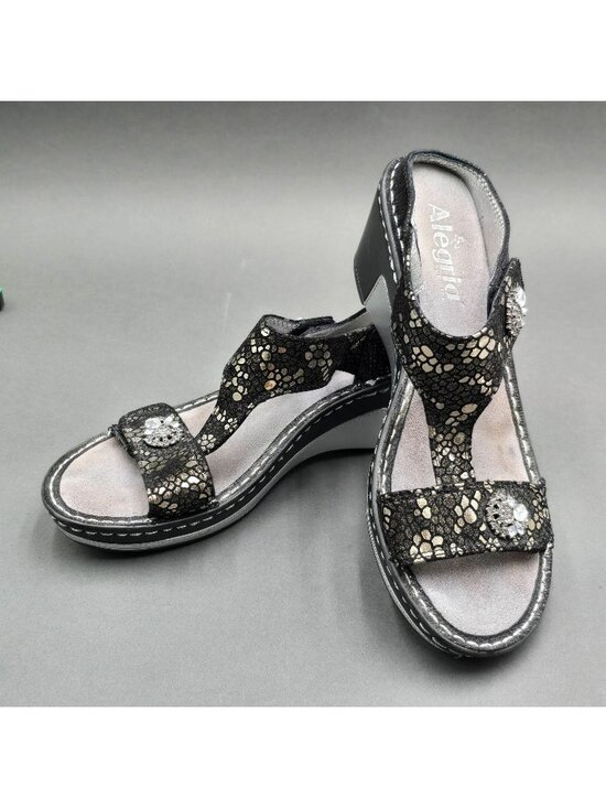 Alegria Shoes - Alegria Lara Pewter Mosaic Wedge Sandals Size 37 T-Strap Comfort Slide